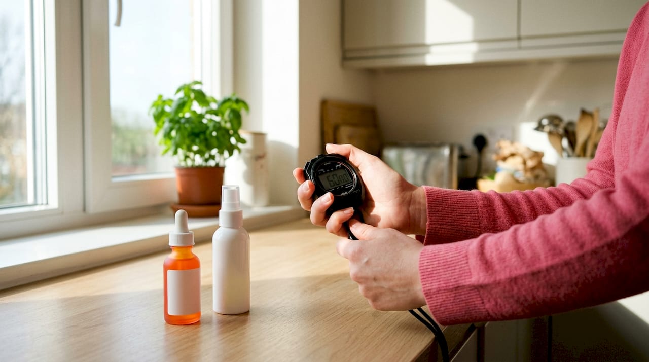 Hands holding stopwatch timing skincare application