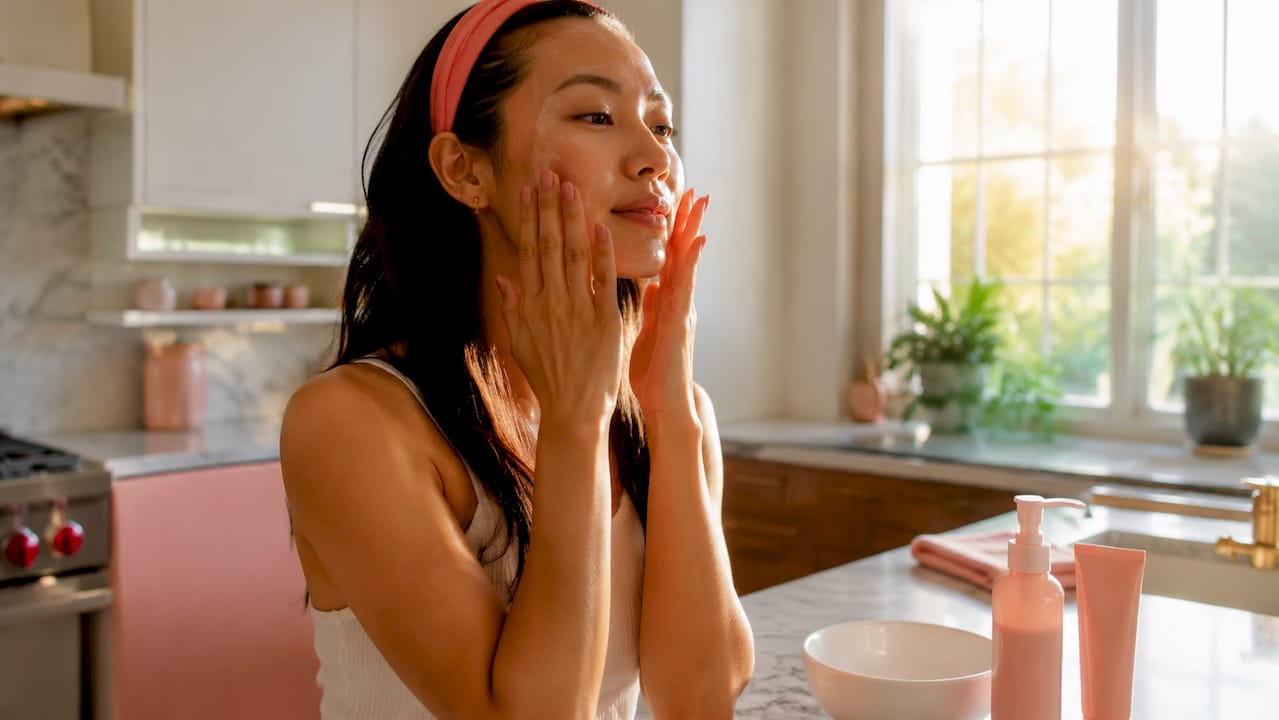 Hands massaging oil cleanser on skin