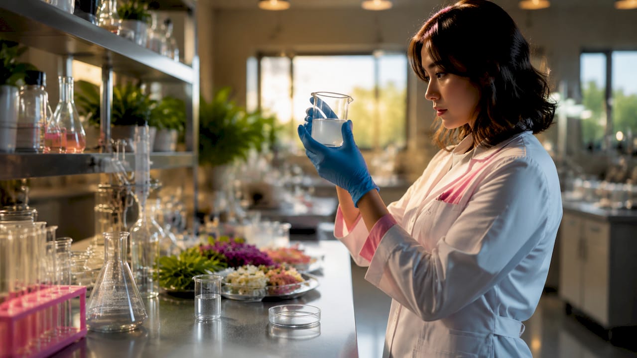 Lab hands holding beaker with fermented sake extract
