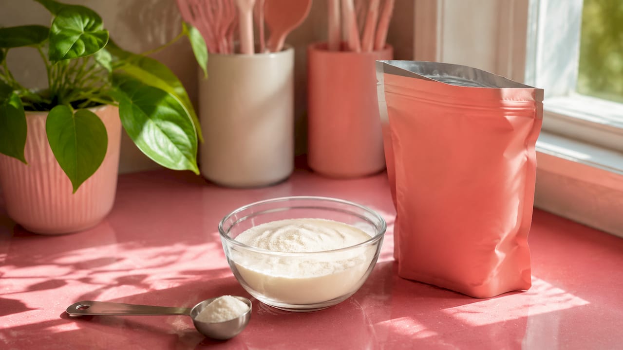 Close-up hydrolyzed collagen powder in glass bowl