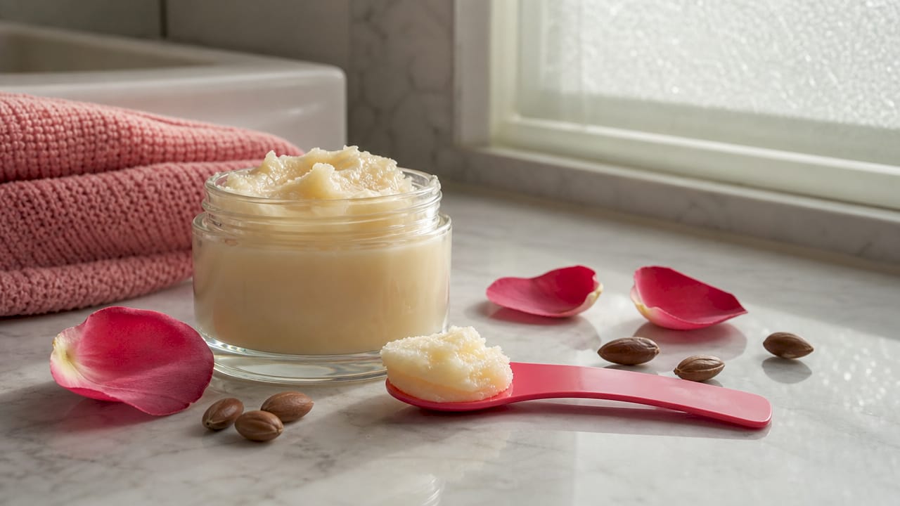 Close-up of solid cleansing balm jar with spatula