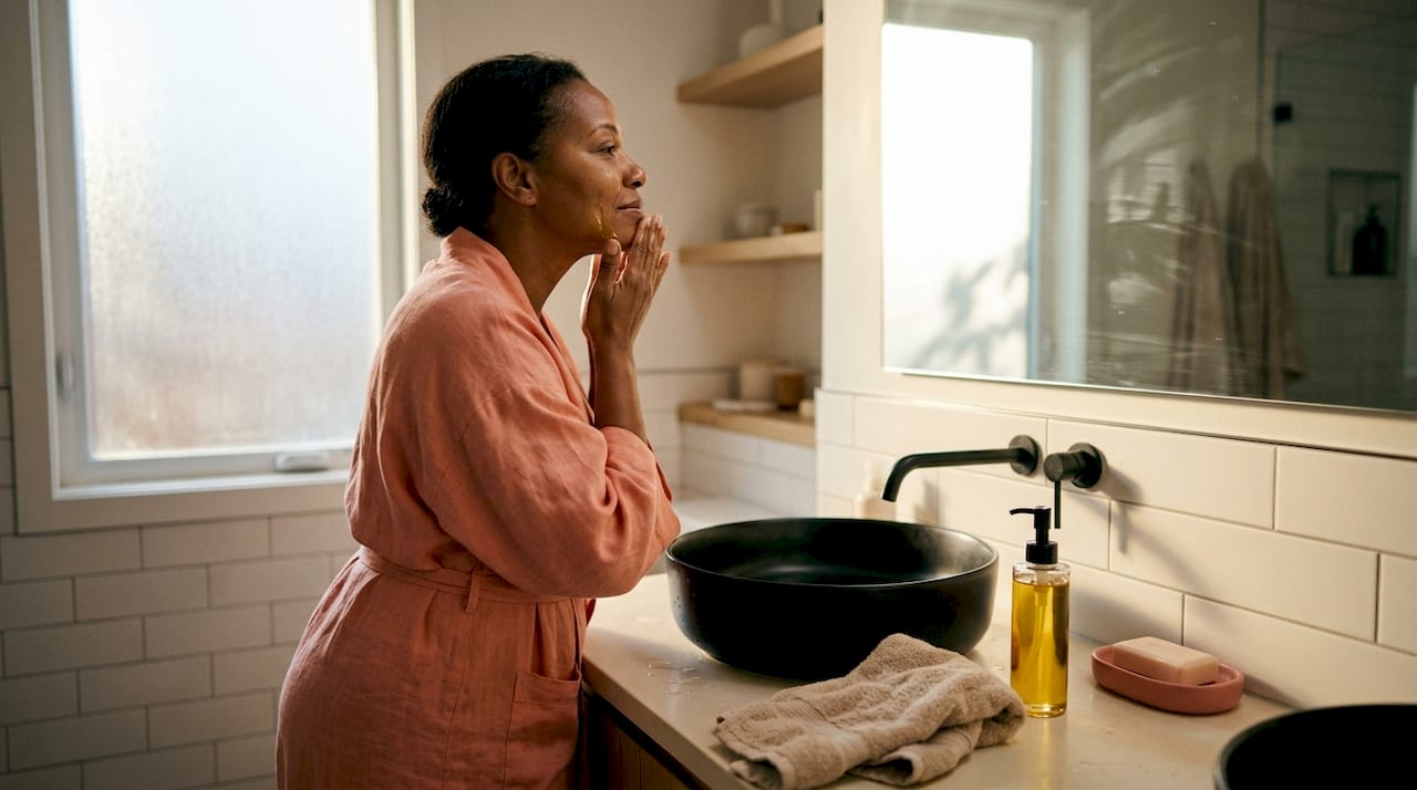 Hands applying oil cleanser in bathroom sink