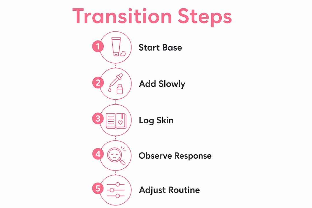 Infographic illustrating safe Japanese skincare transition steps