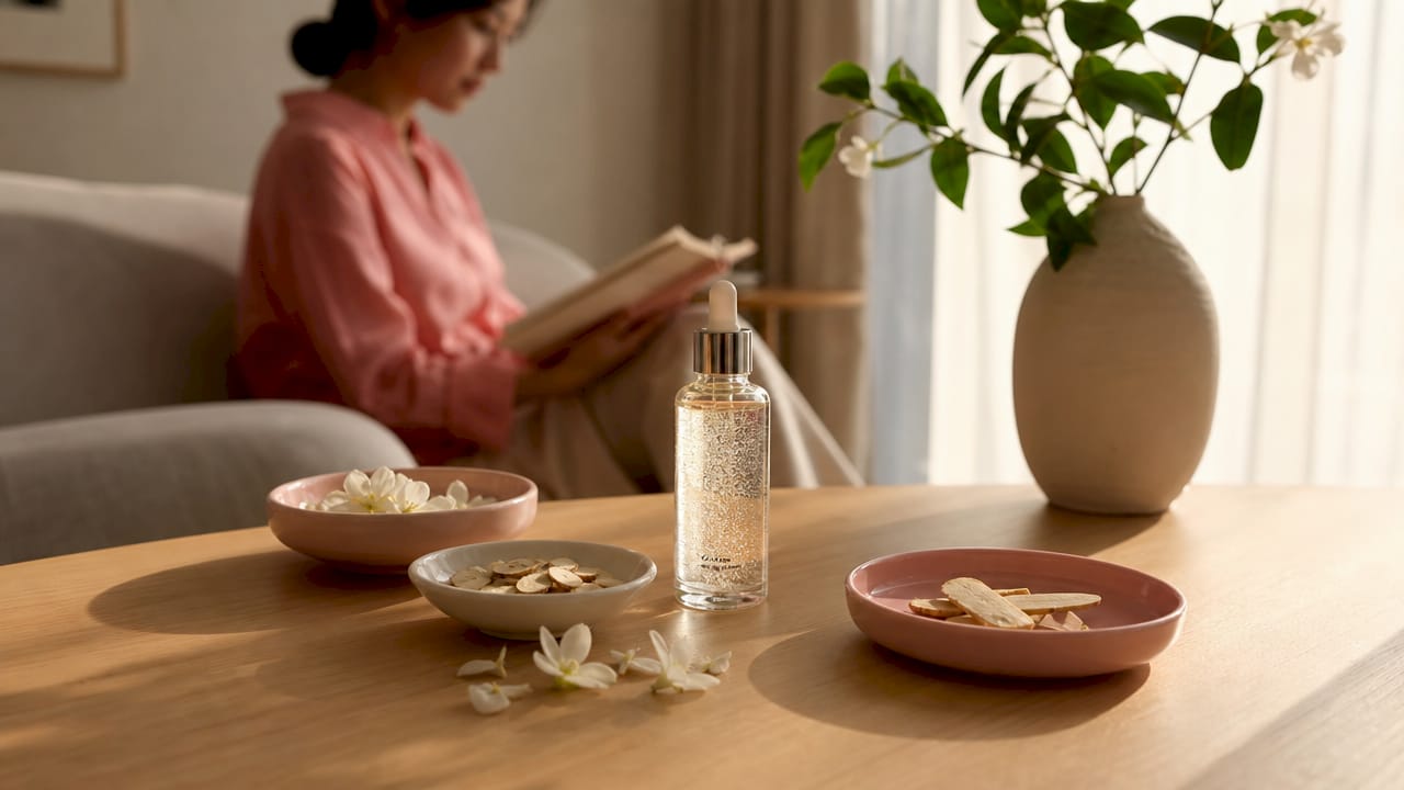 Close-up of K-beauty essence bottle with natural ingredients