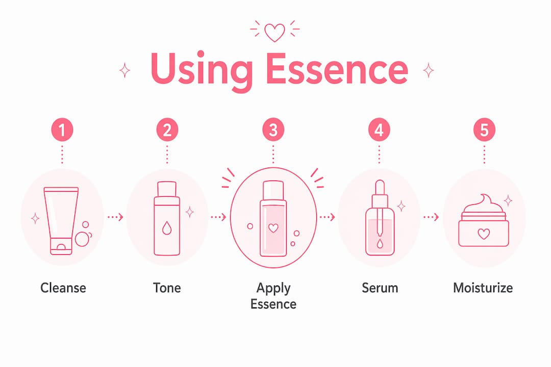 Infographic showing steps to use skincare essence in routine