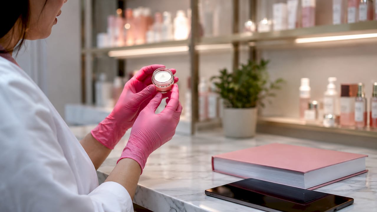 Dermatologist handling skincare sample in clinic setting