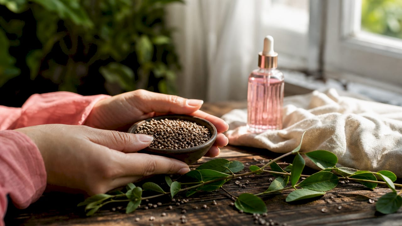Hands holding bakuchiol seeds and leaves