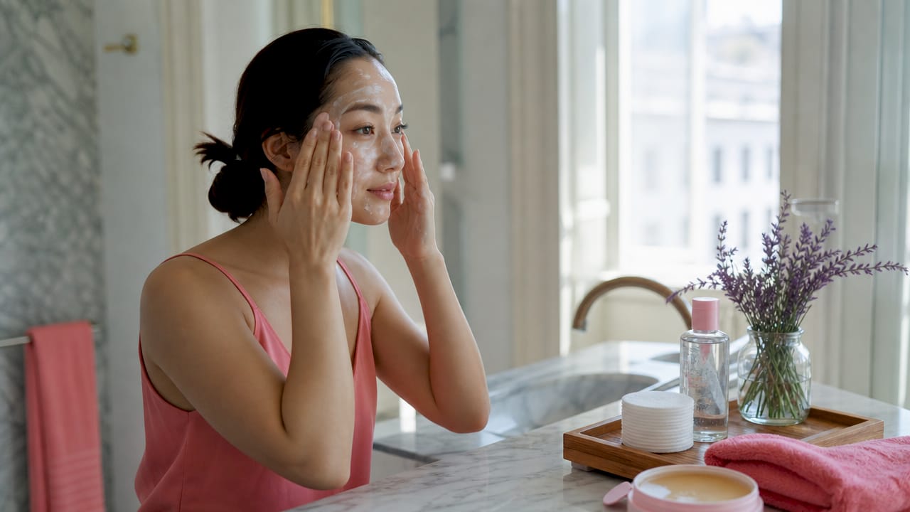 Hands applying cleansing balm near nose and jawline