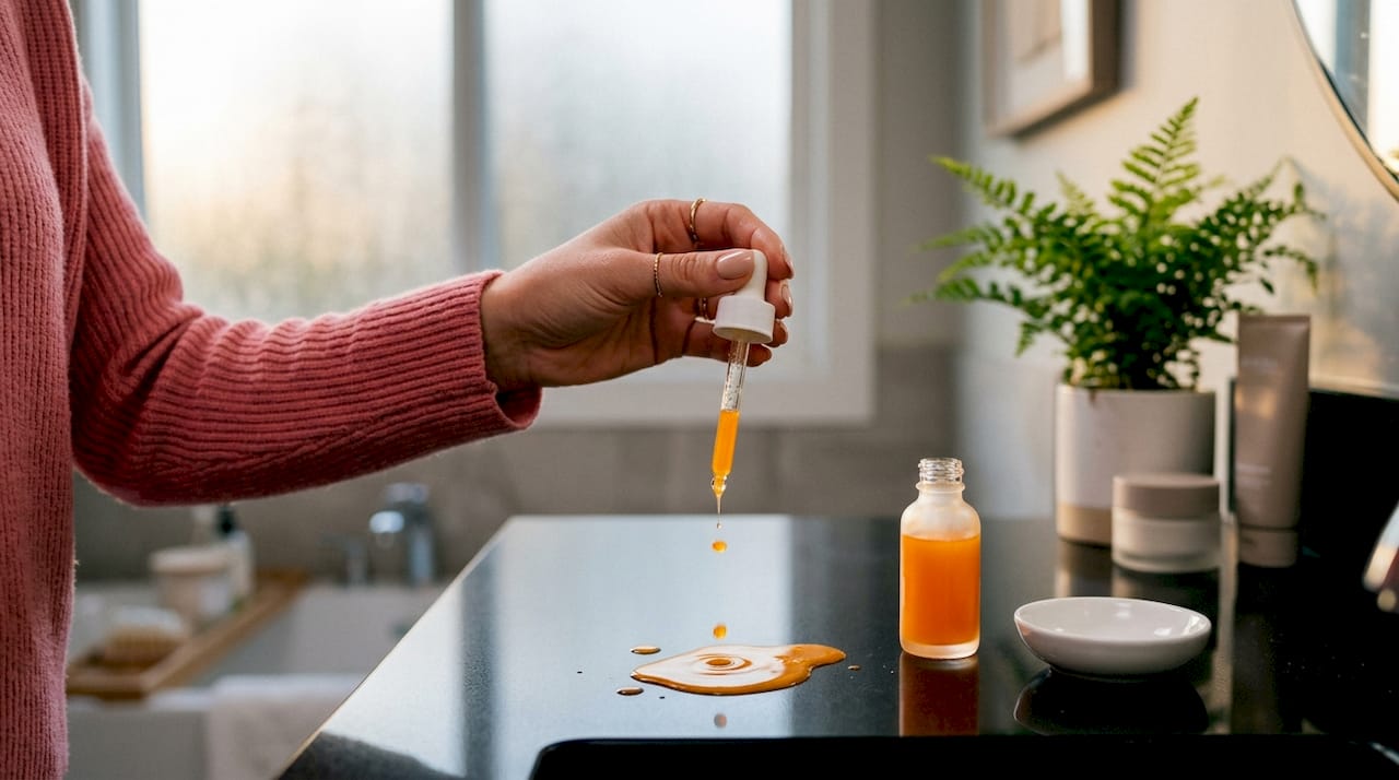 Close-up of vitamin C serum dropper and hand