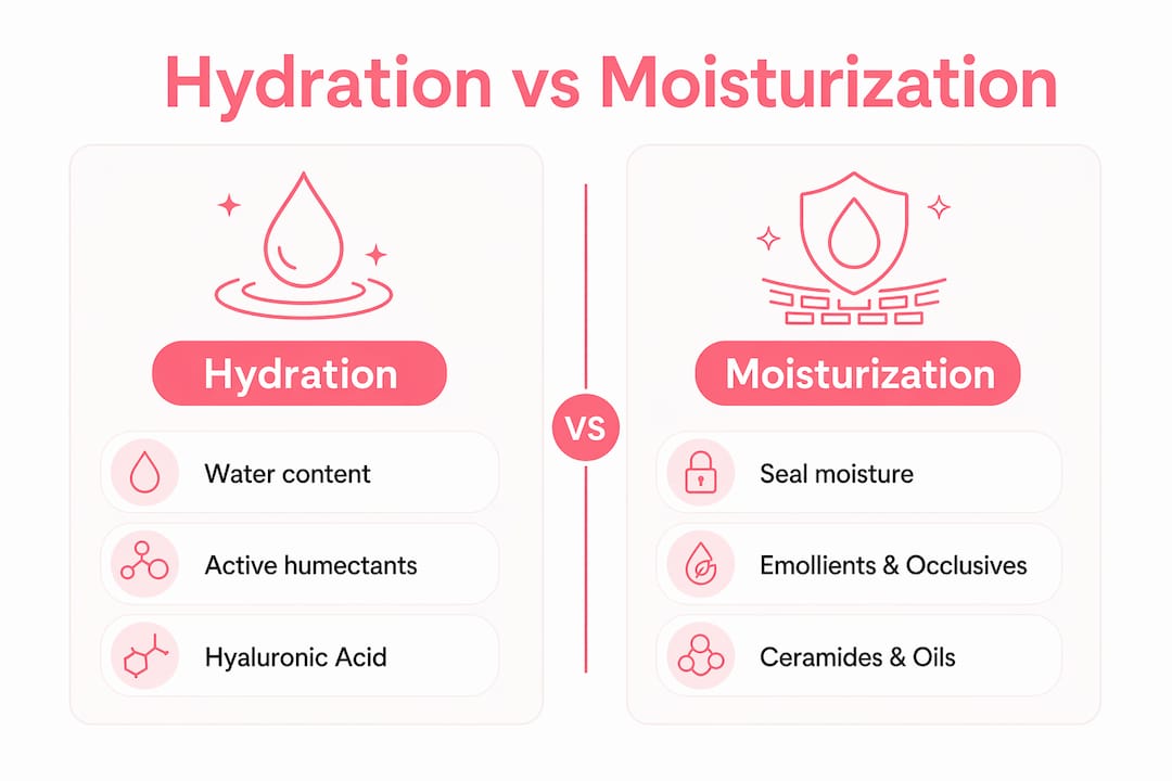 Infographic contrasting hydration and moisturization in skincare