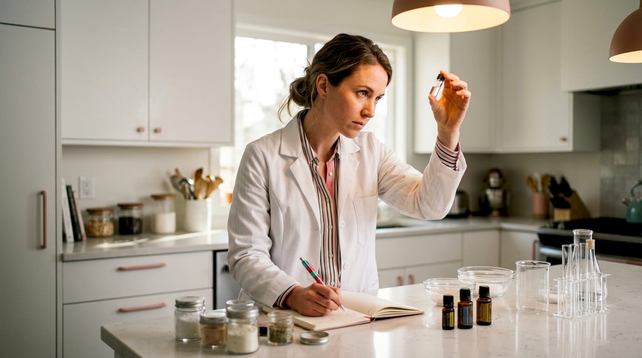 Japanese scientist analyzing skincare ingredients