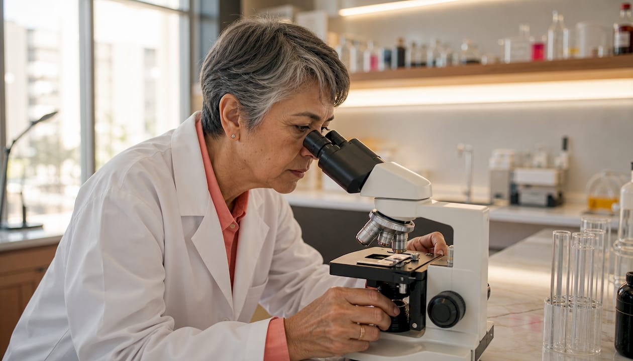 Researcher holding skin cell microscope slide