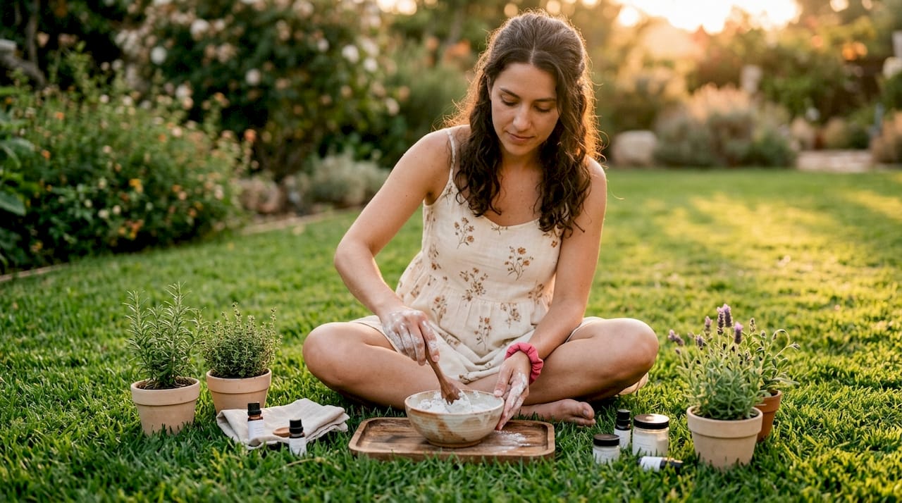 Hands scooping kaolin clay powder from bowl