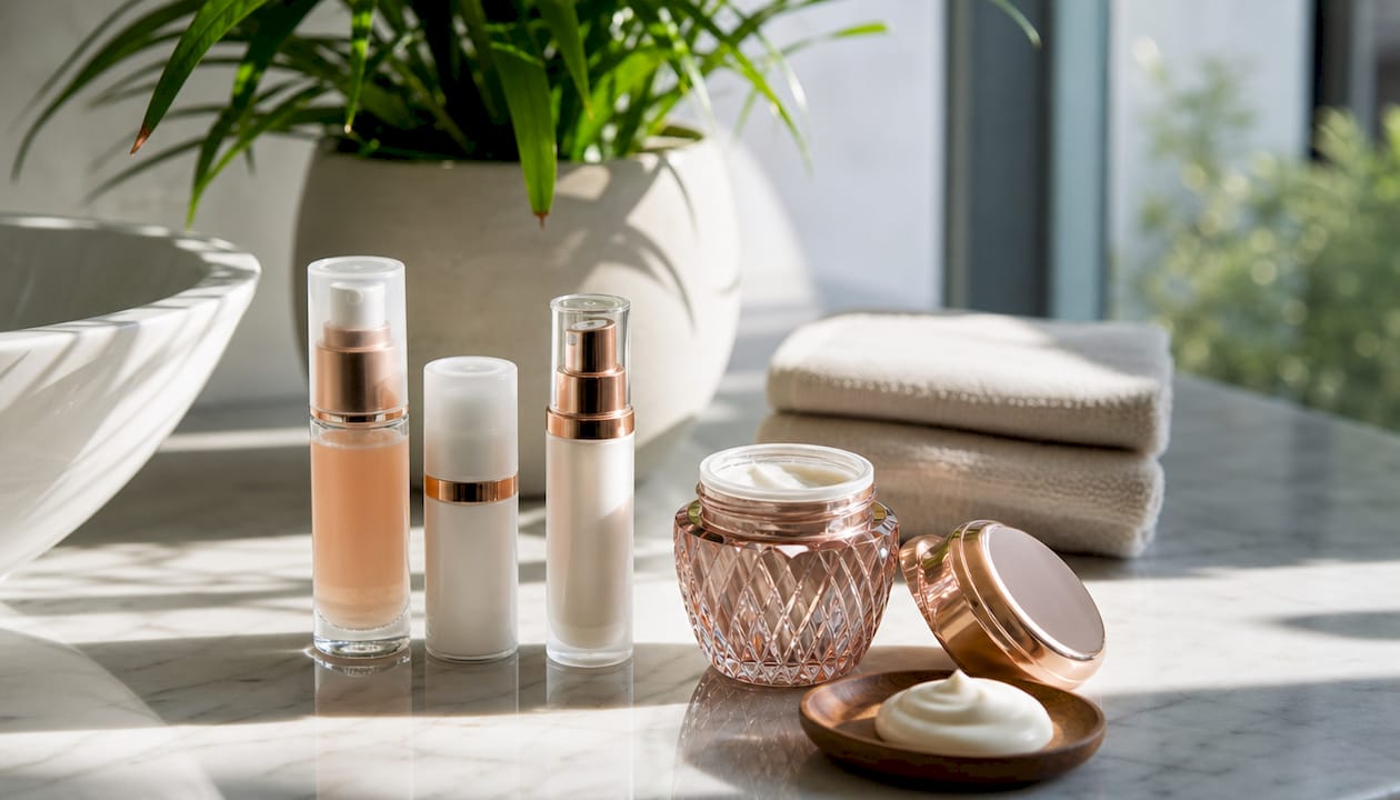 Assorted Asian skincare products on bathroom shelf