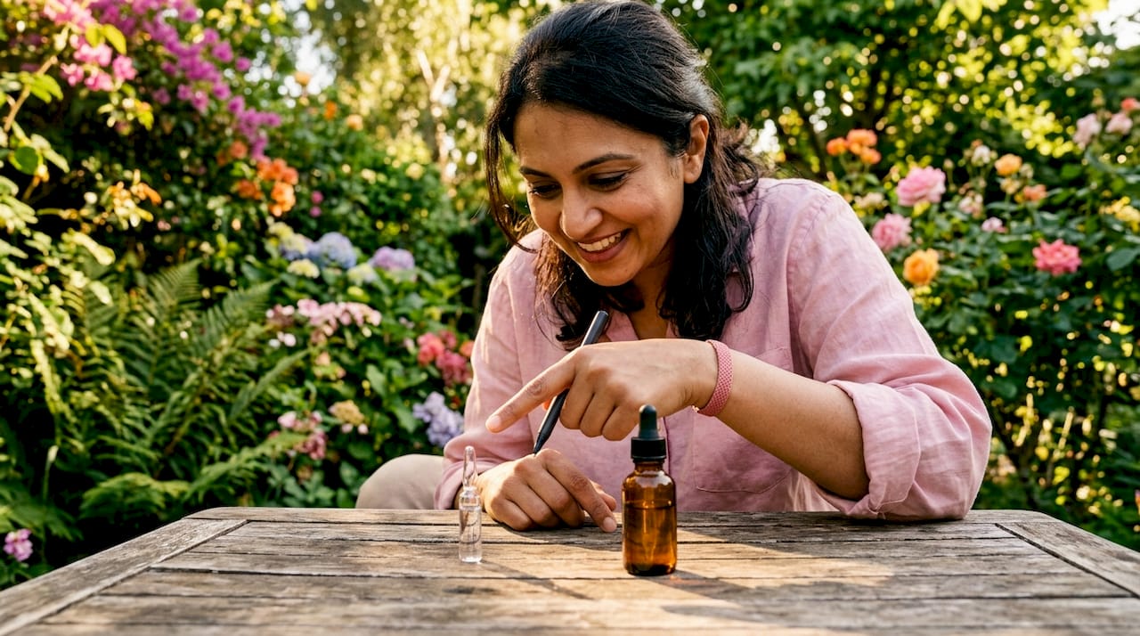 Dermatologist comparing ampoule vial and serum bottle
