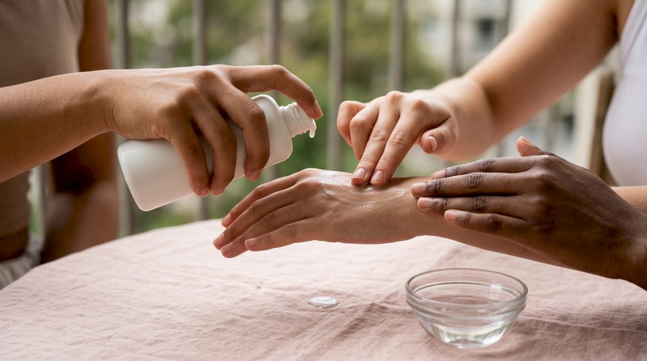 Hands demonstrating lotion layering technique