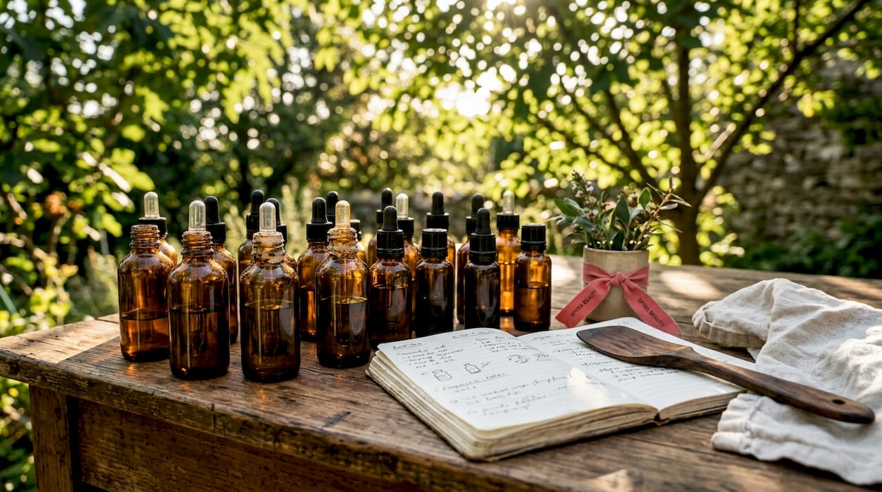 Bottles of fragrance compounds on lab counter
