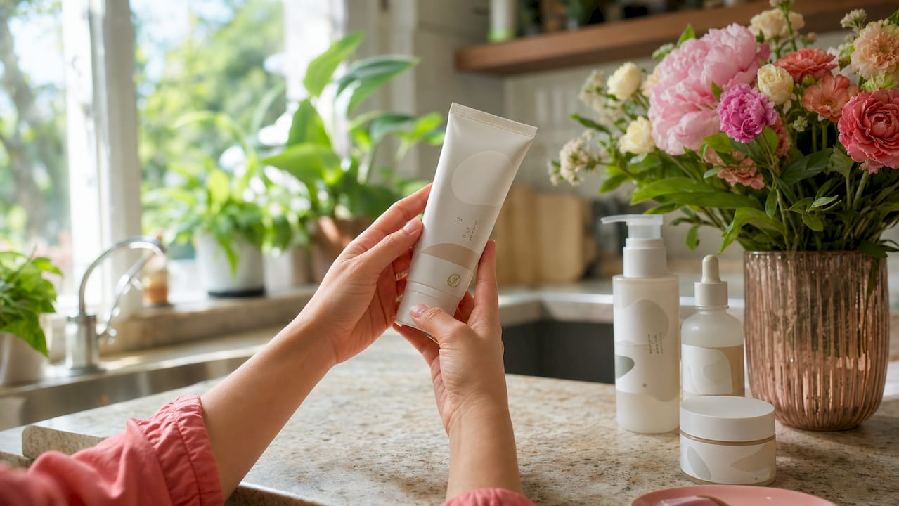 Hands inspecting authentic Korean sunscreen label