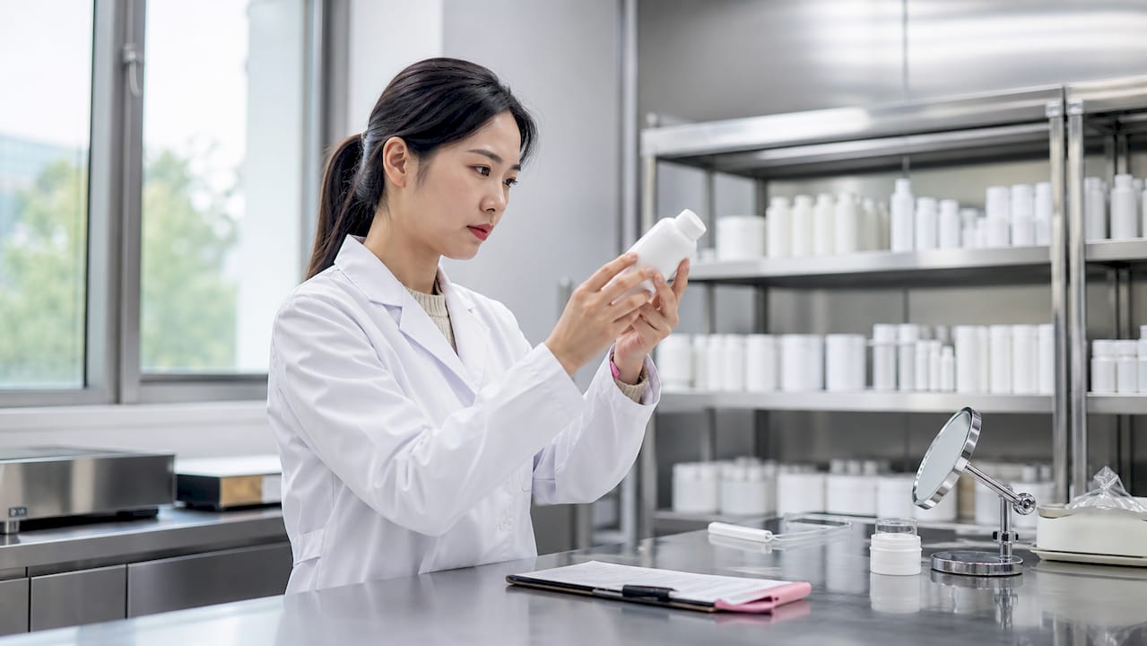 Hands inspecting skincare bottle in GMP facility