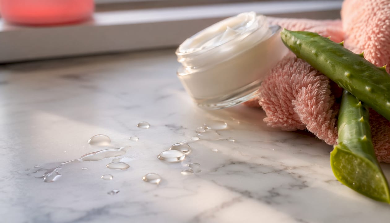 Close-up of niacinamide serum drops on vanity