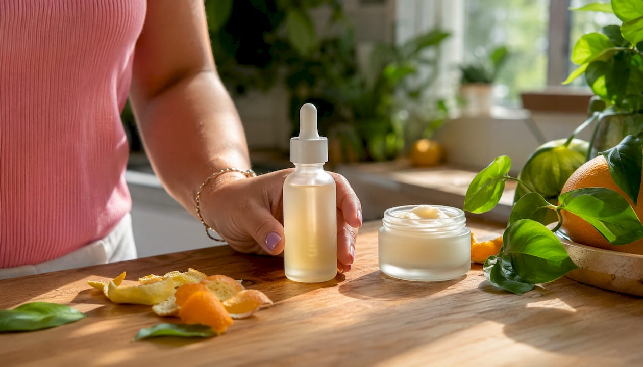 Hand holding vitamin C serum dropper over moisturizer