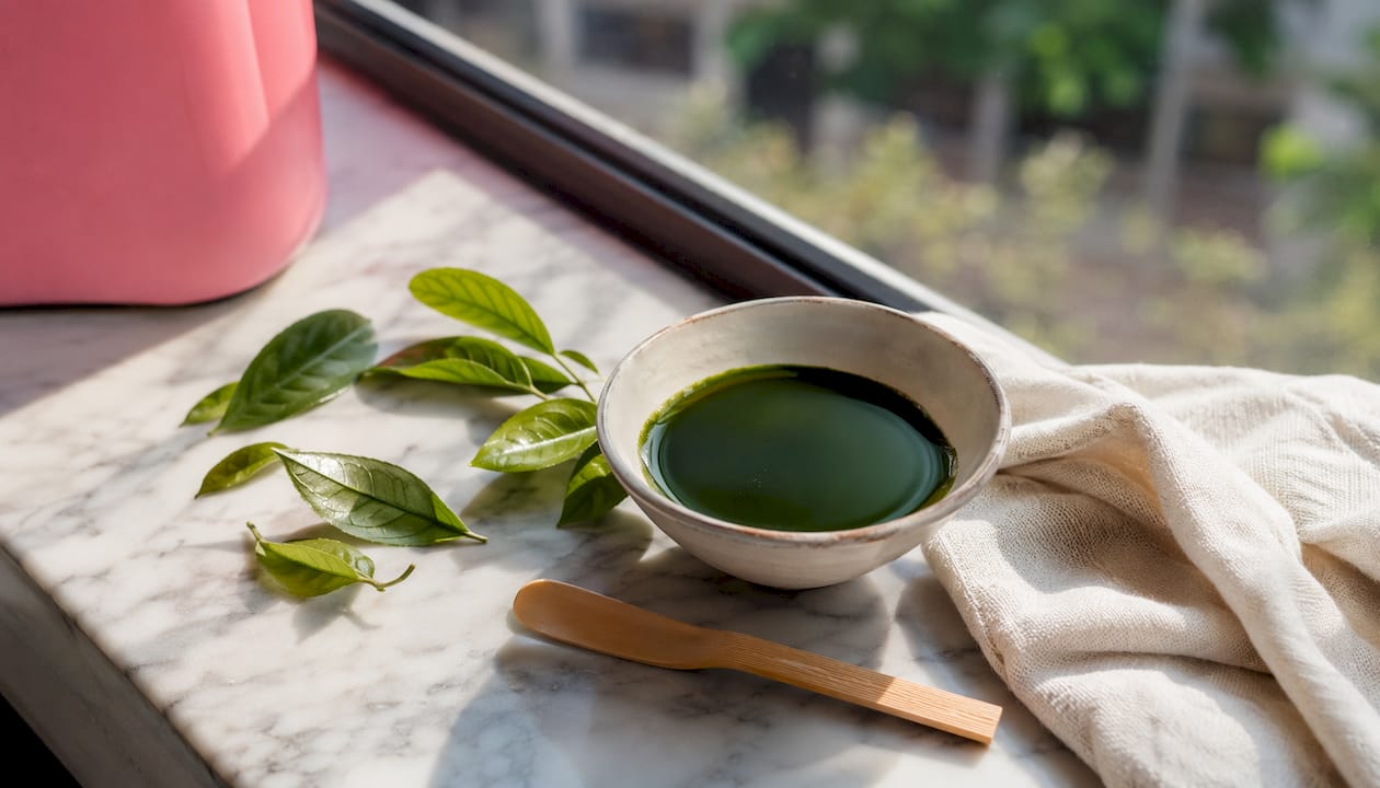 Close-up of green tea leaves and antioxidant extract