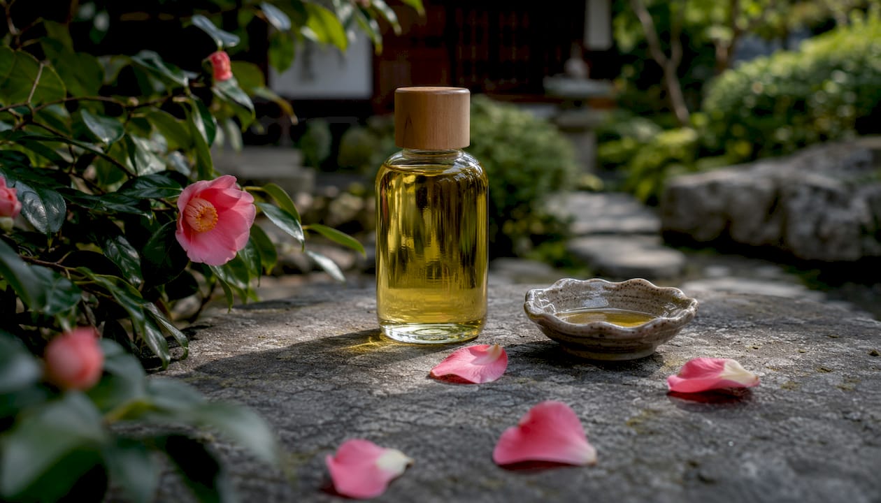 Traditional camellia oil bottle and flowers on wood