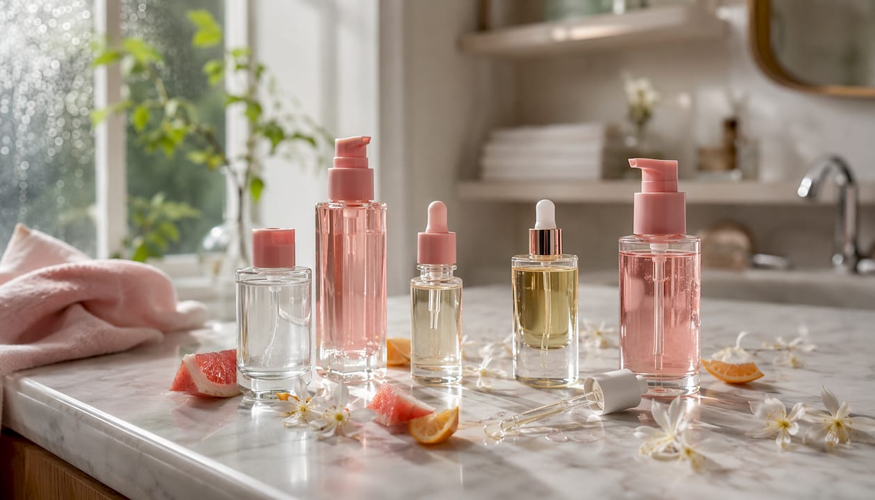 Close-up of Korean haircare serums with botanicals