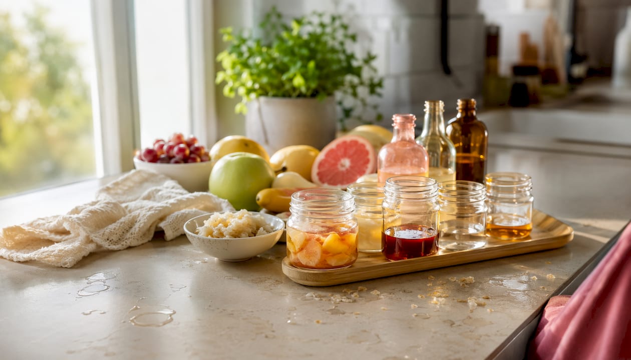 Fermented skincare ingredients on bathroom counter