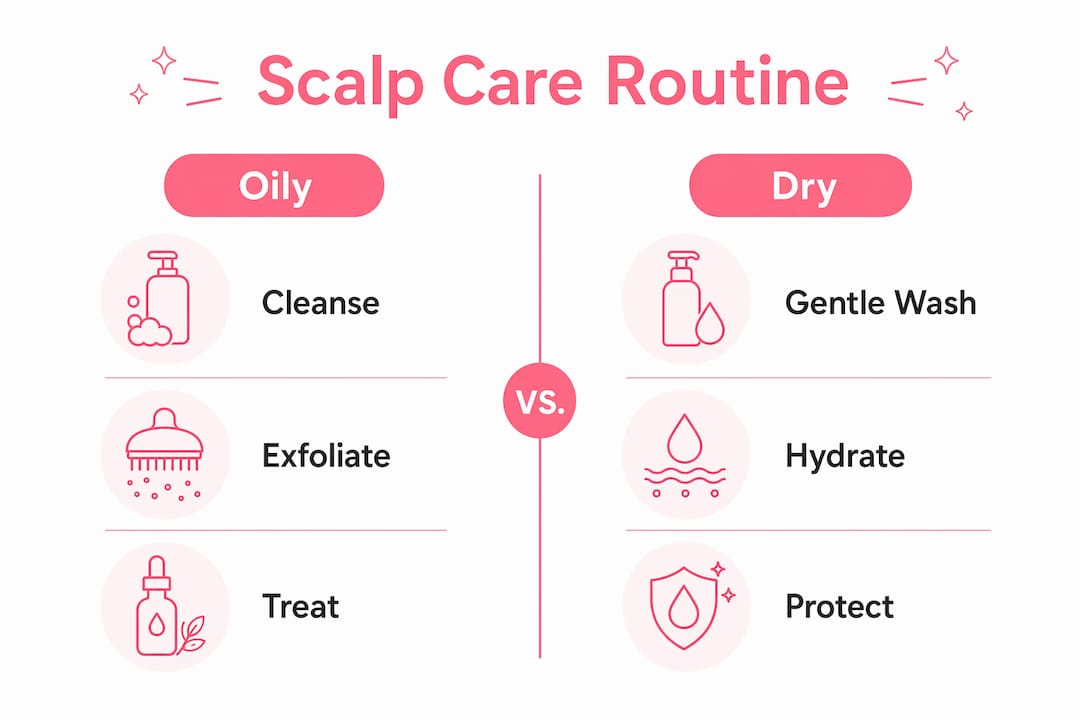 Infographic comparing oily and dry scalp care routines