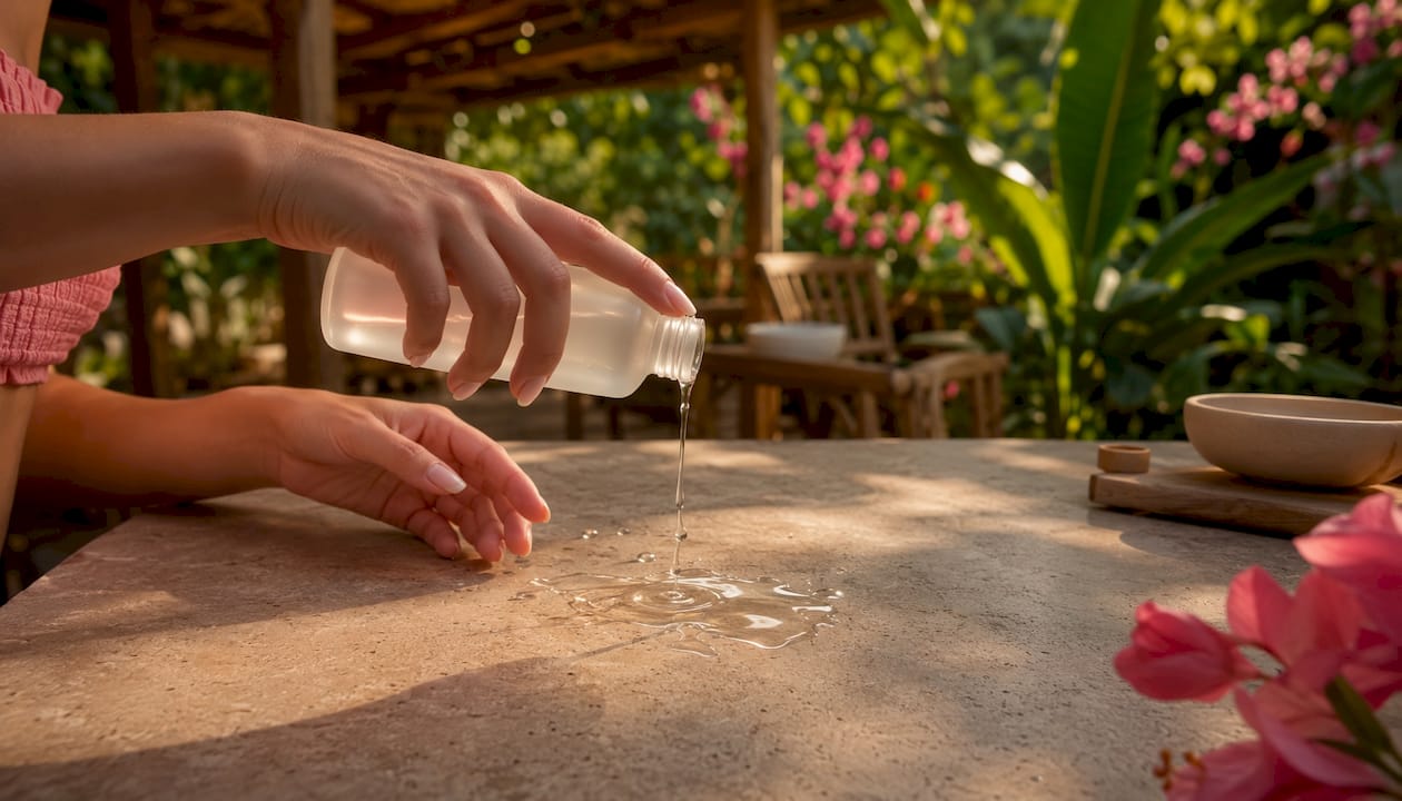 Hands pouring hydrating essence in elegant bathroom
