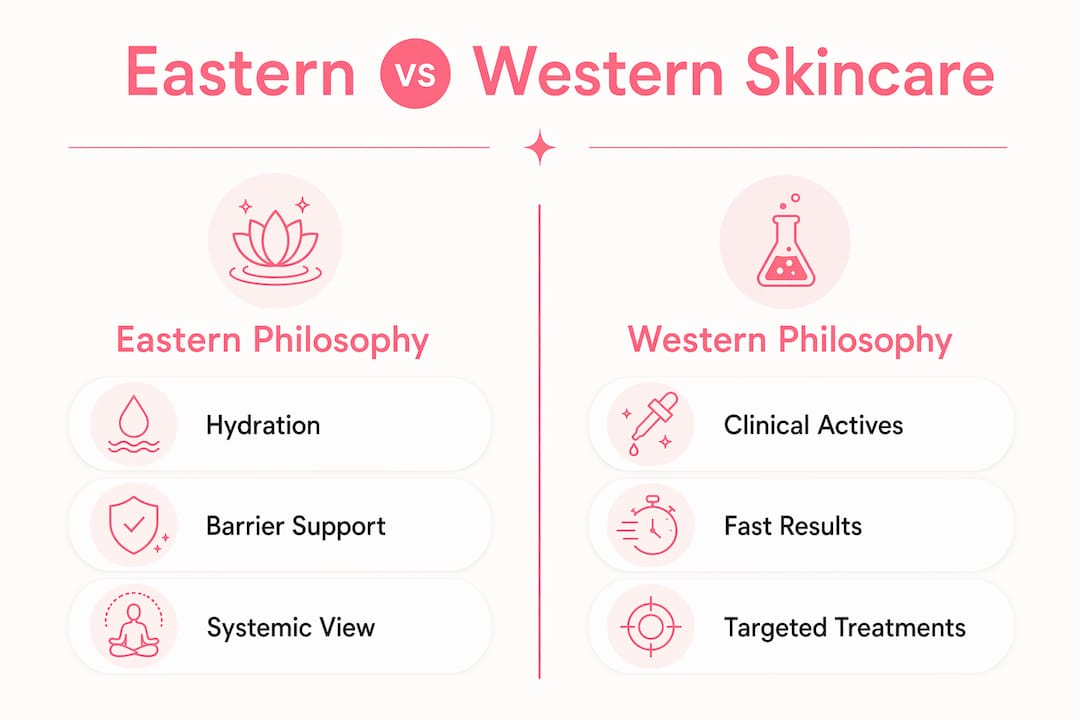 Infographic comparing Eastern and Western skincare philosophies with key features