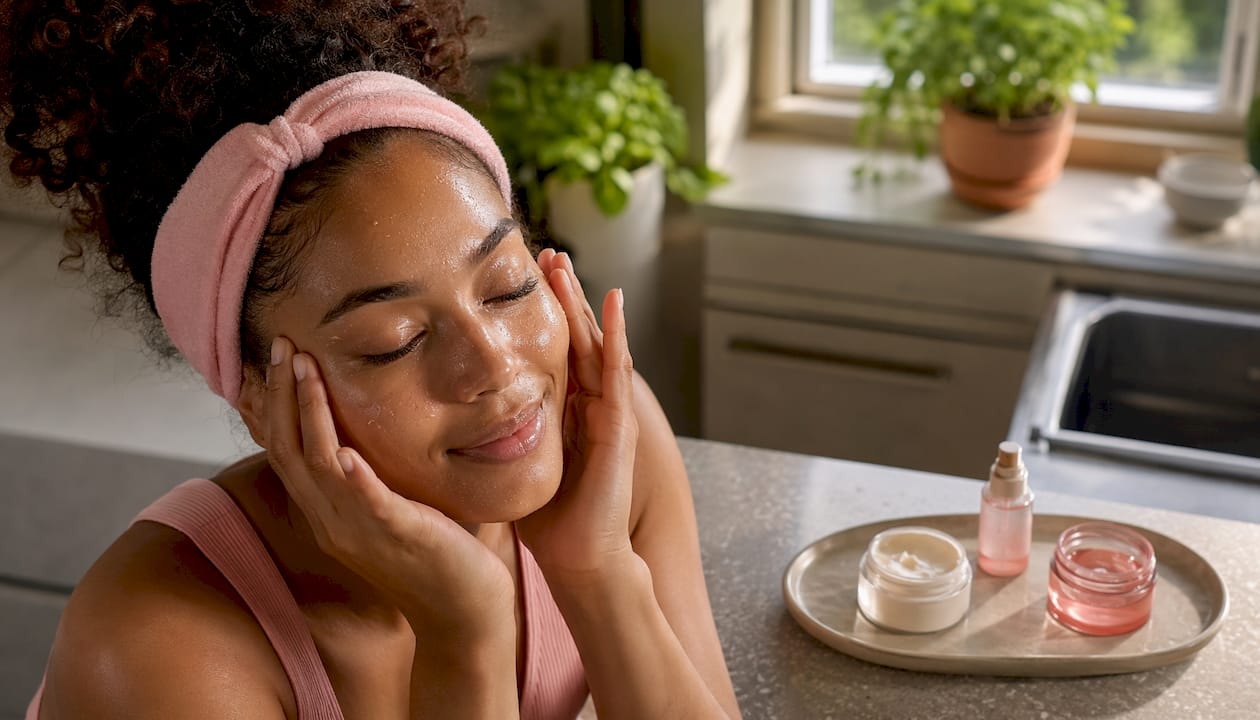 Woman pressing hands on face after misting