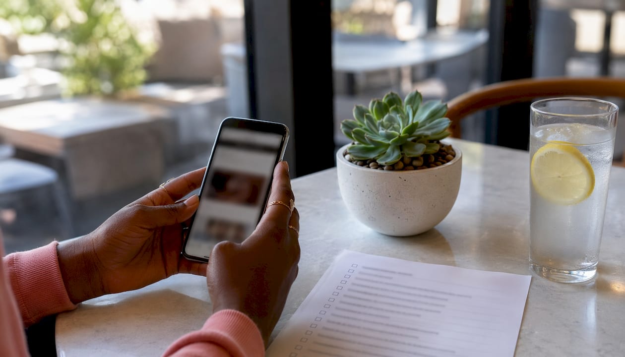 Hands verifying authorized retailer authenticity with phone and checklist