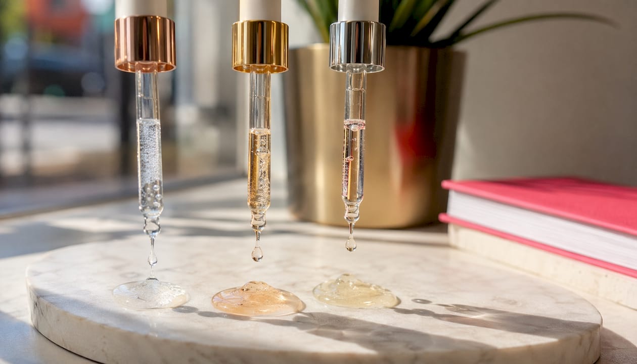 Close-up of AHA serum droppers over dish