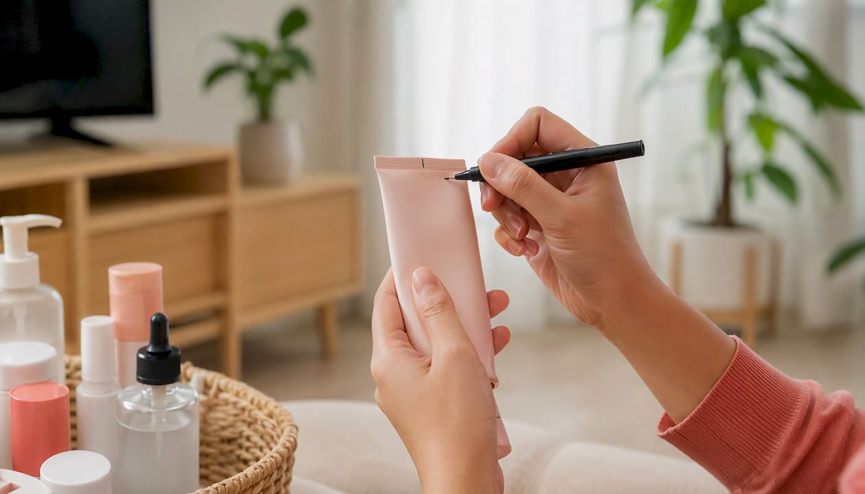 Hands marking date on Japanese skincare packaging