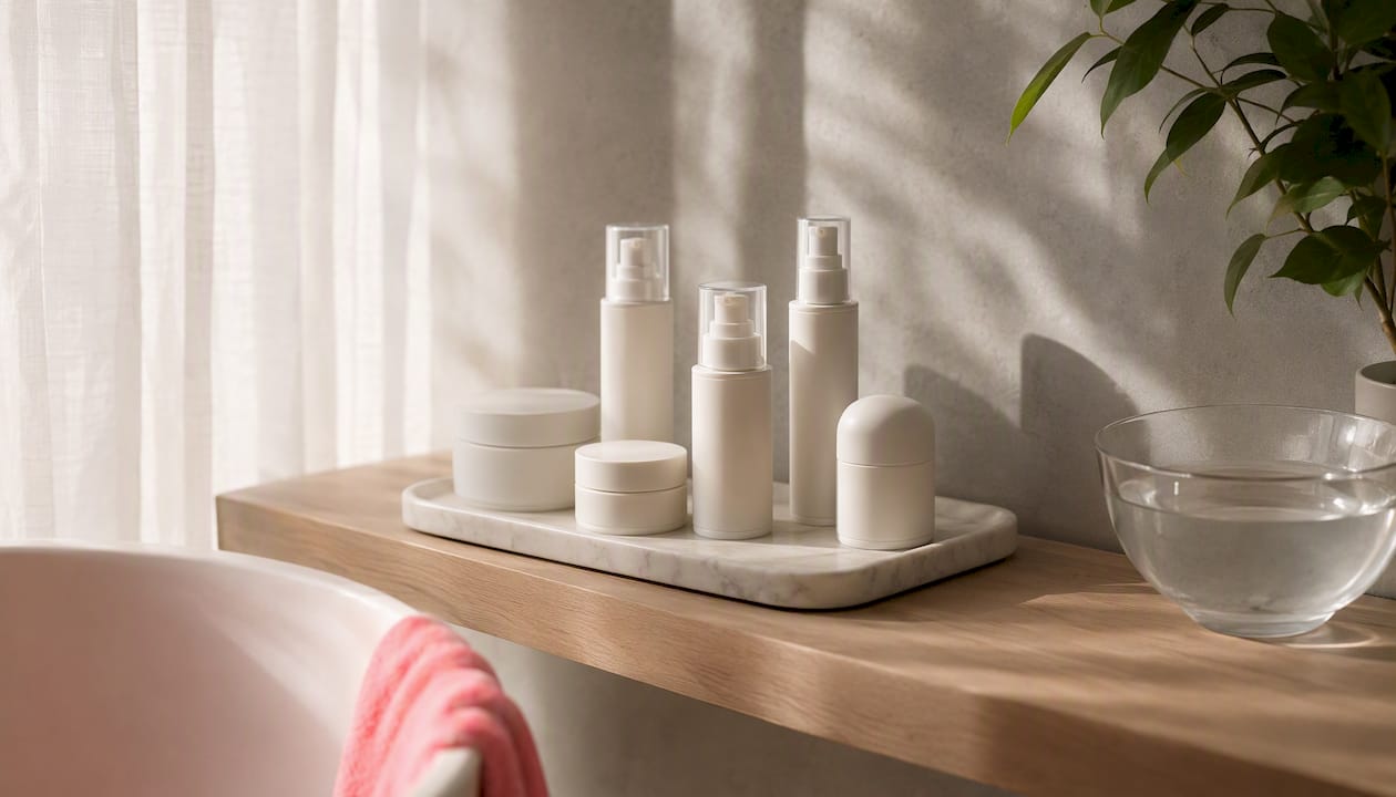 Japanese skincare packaging and storage setup