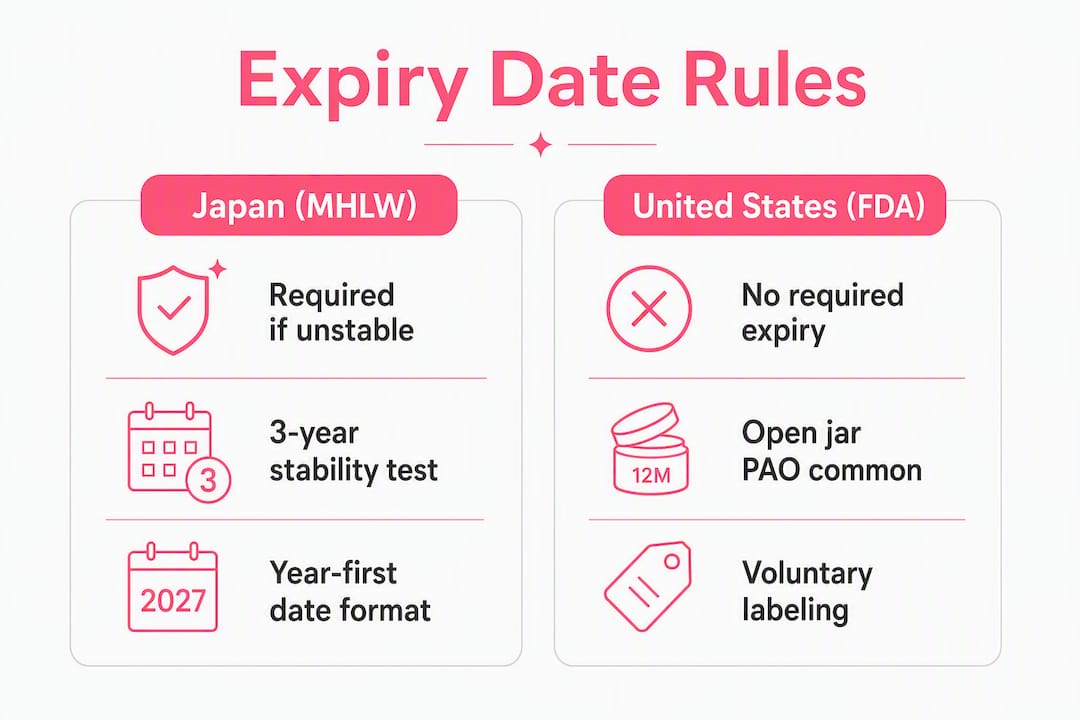 Infographic comparing Japanese and US cosmetic expiry rules