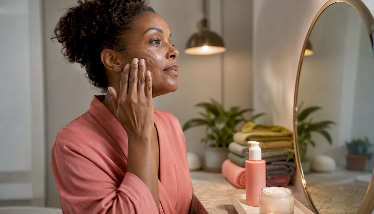 Woman applying emulsion in skincare routine