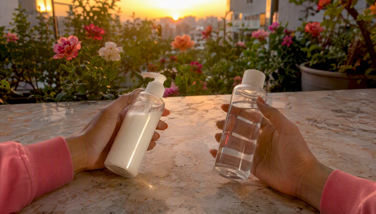 Close-up of hands holding different lotion types