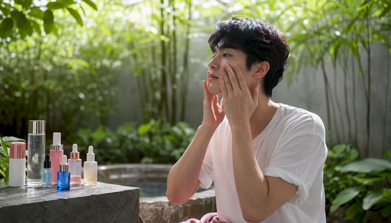 Man applying Korean multi-step skincare essence