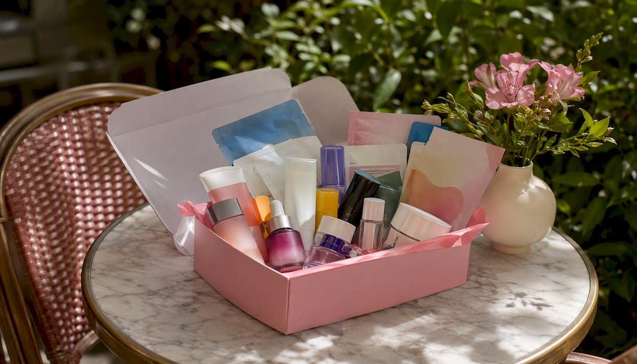 Curated skincare products arranged on table