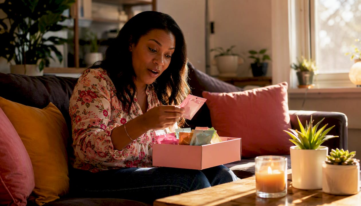 Hands reviewing skincare options on tablet