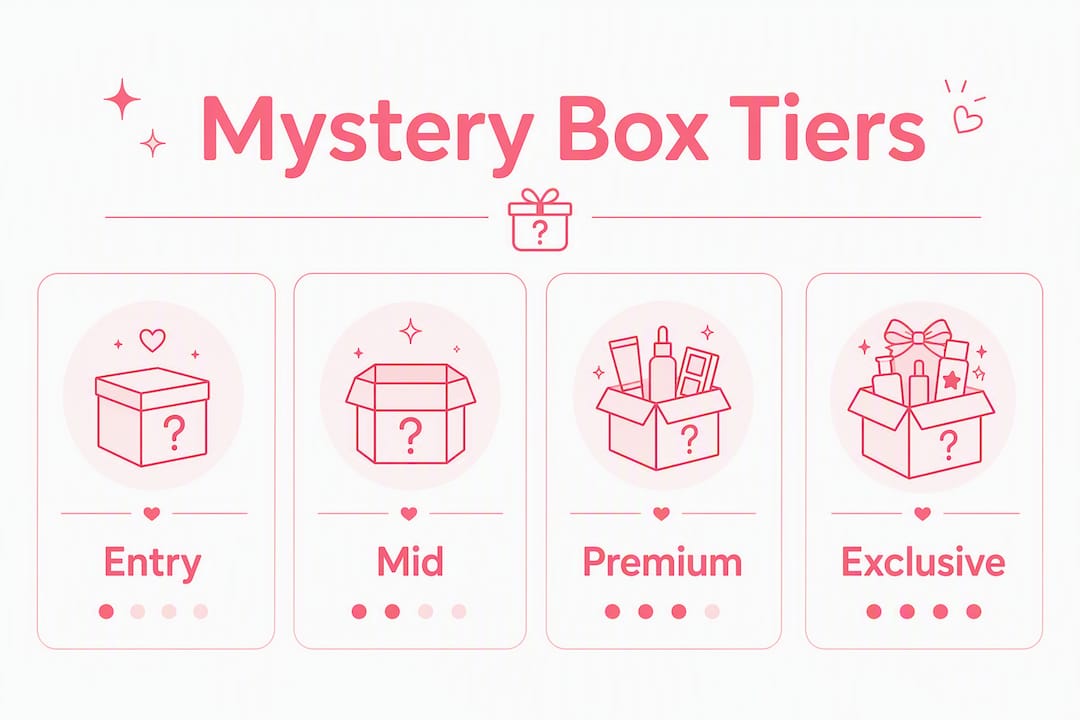 Infographic illustrating skincare mystery box tiers