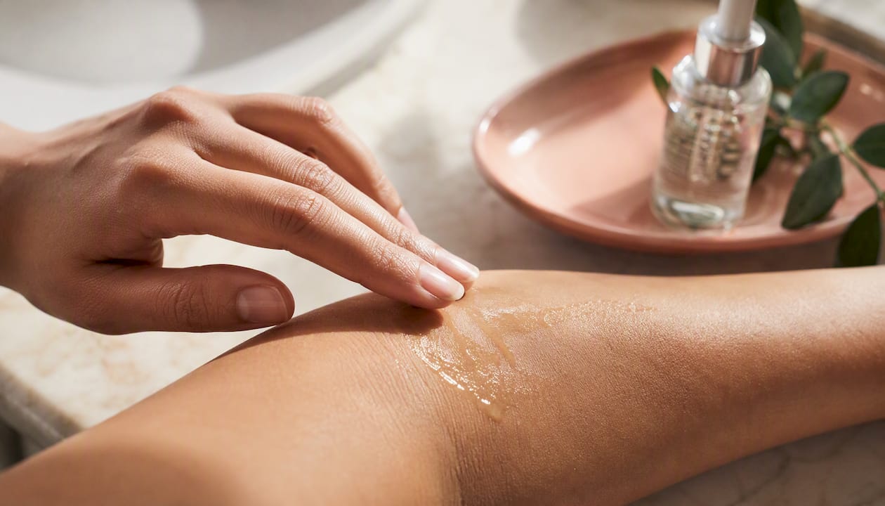Fingertips spreading hydrating serum on skin
