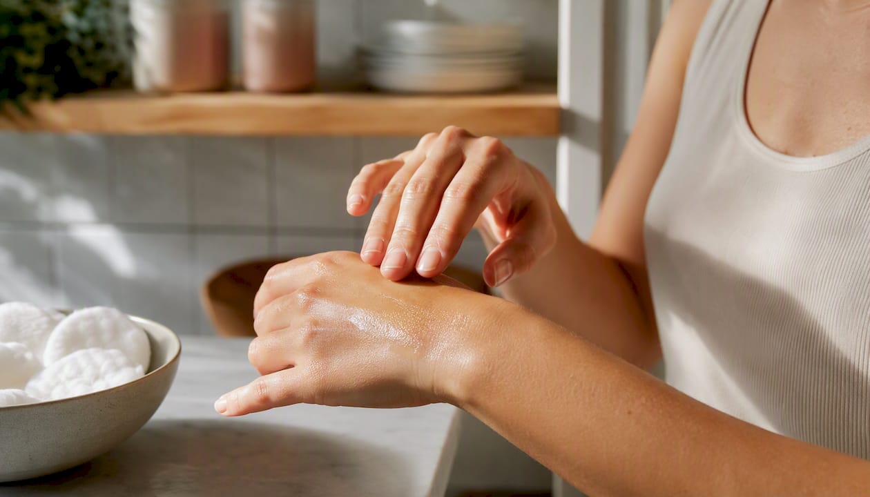 Hands applying rich facial oil on skin