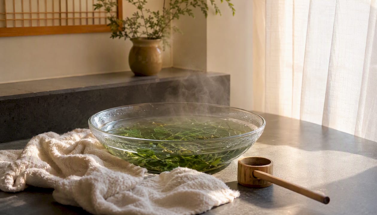 Bowl of fresh mugwort leaves soaking