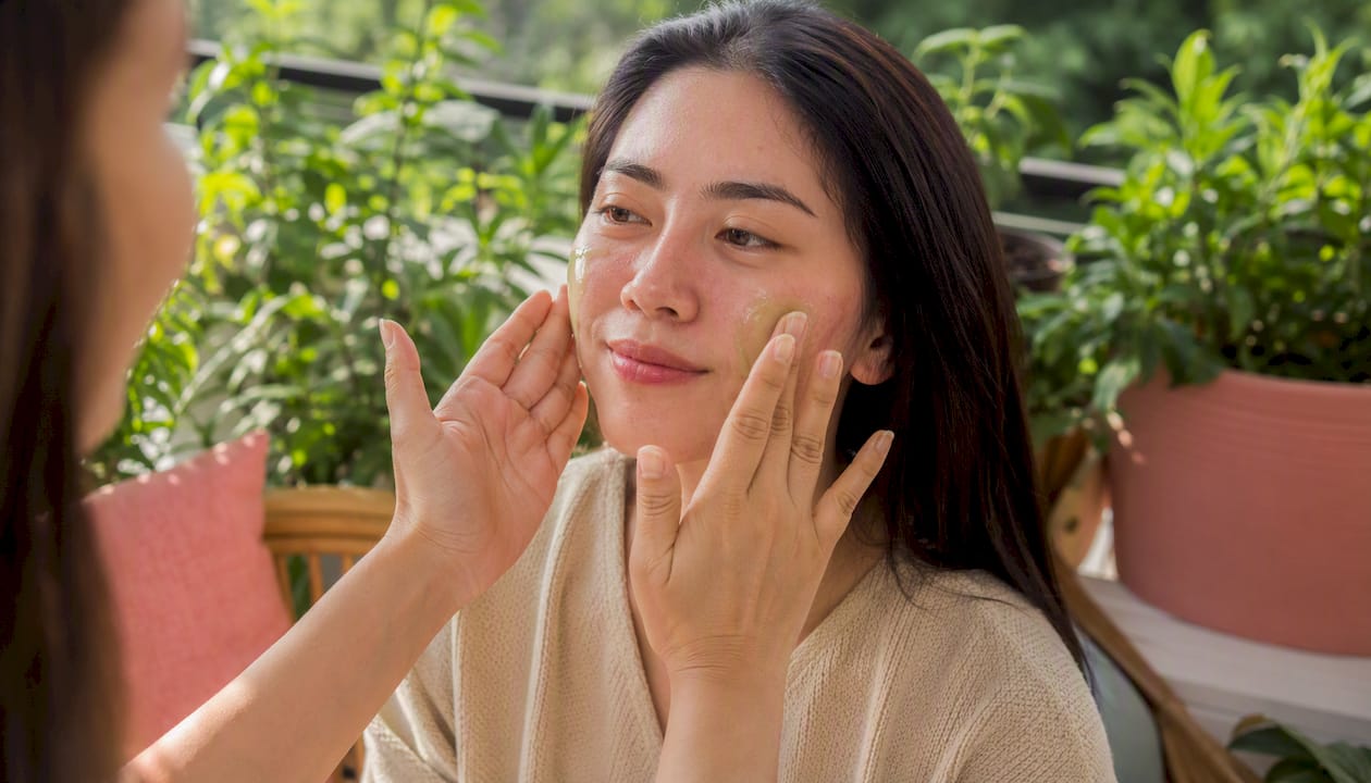 Hands applying mugwort serum on red skin