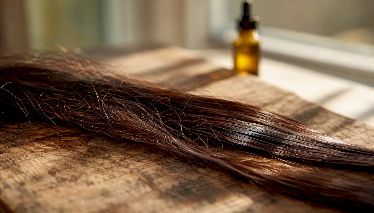 Close-up hair strands smoothing after oil treatment