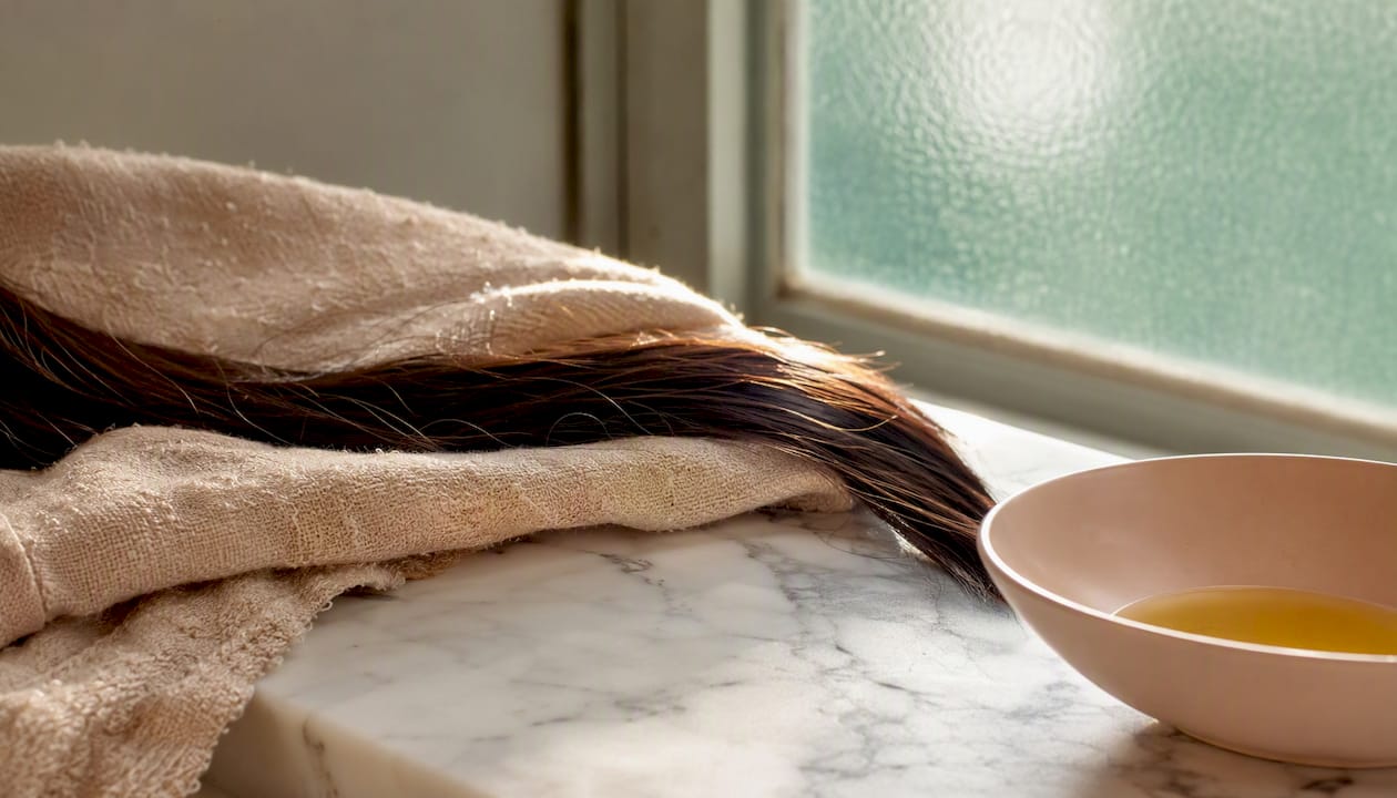 Smooth hair strands on towel with oil nearby
